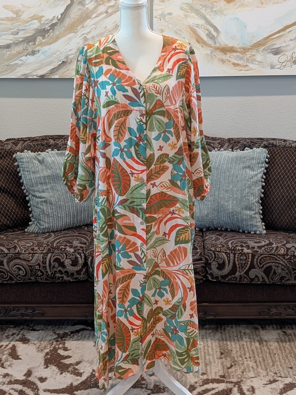 Tropical Floral Maxi Dress — Coral, Teal & Green